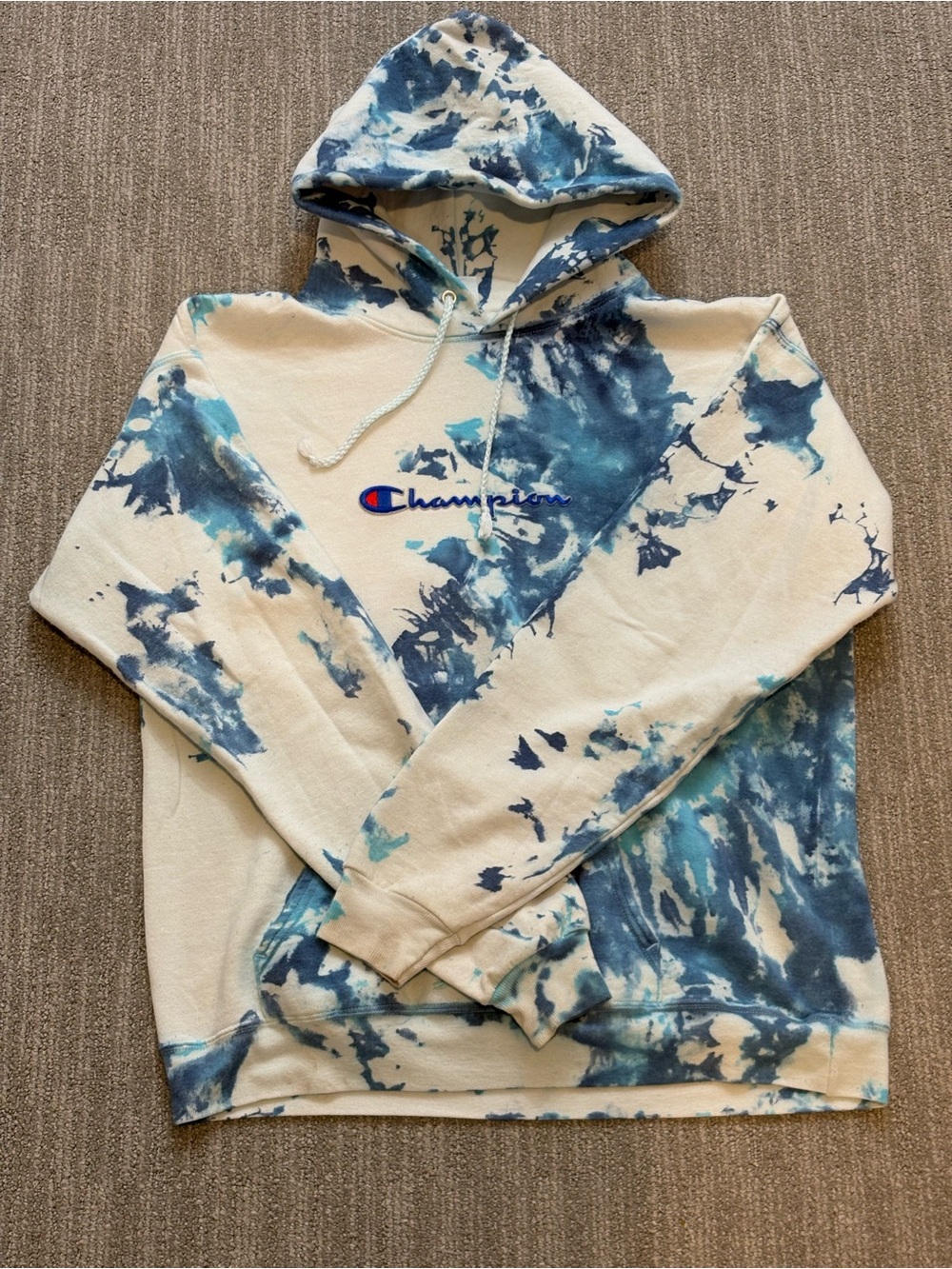 Champion Cream & Blue Tie-Dye Pullover Hoodie